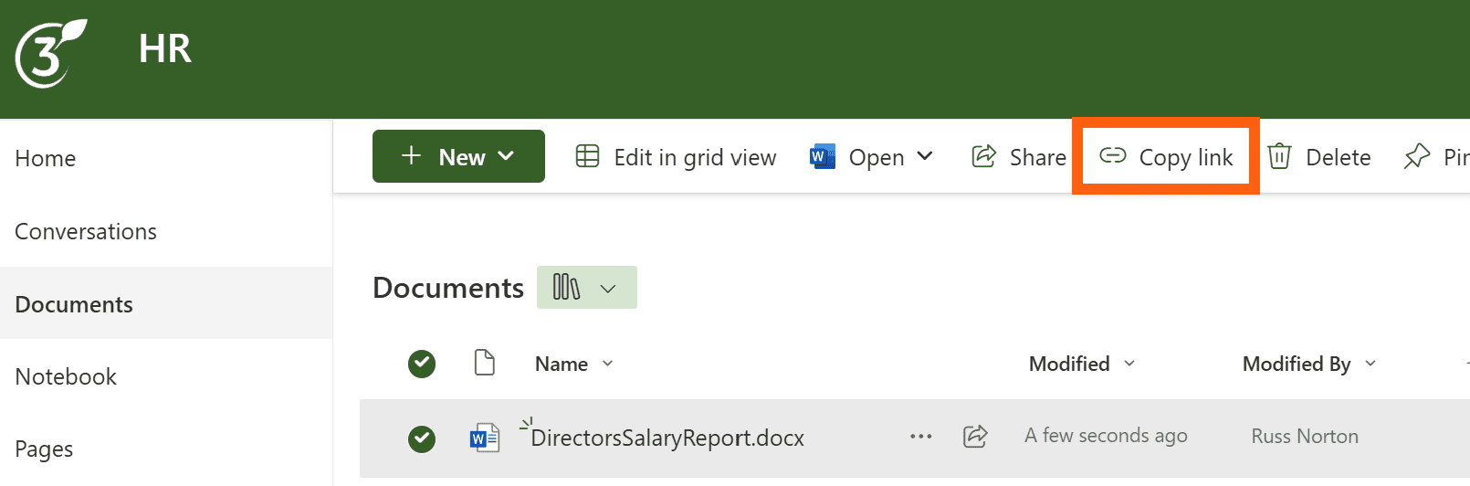 Image of SharePoint document library with 'Copy link' icon highlighted