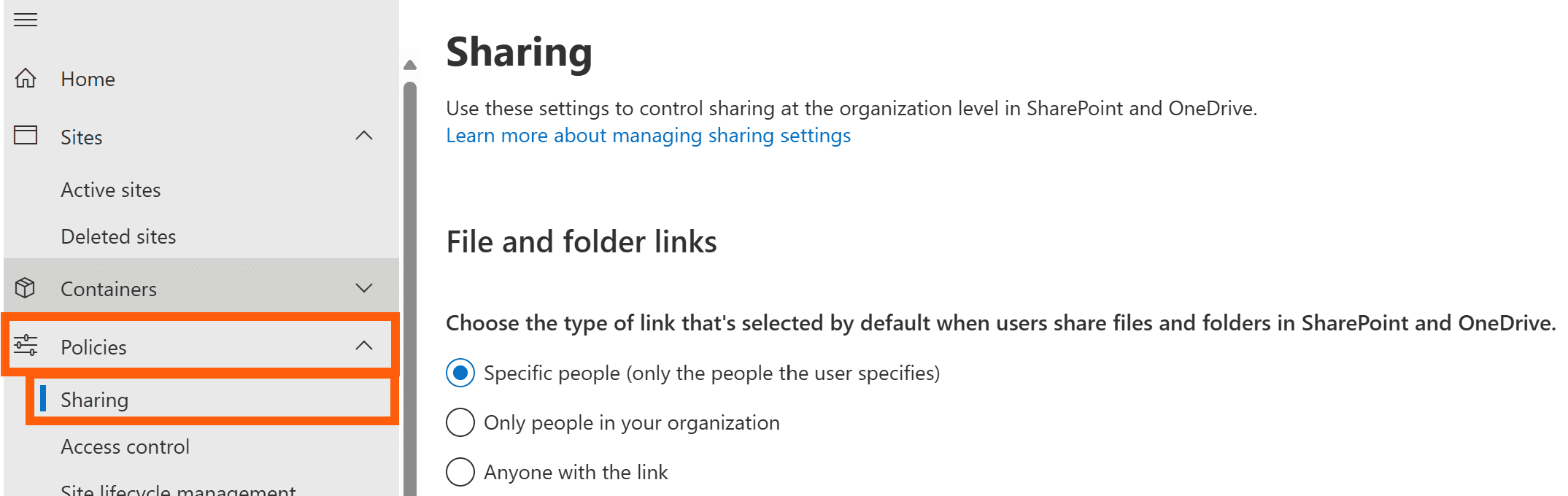 Image showing SharePoint sharing policies menu selection