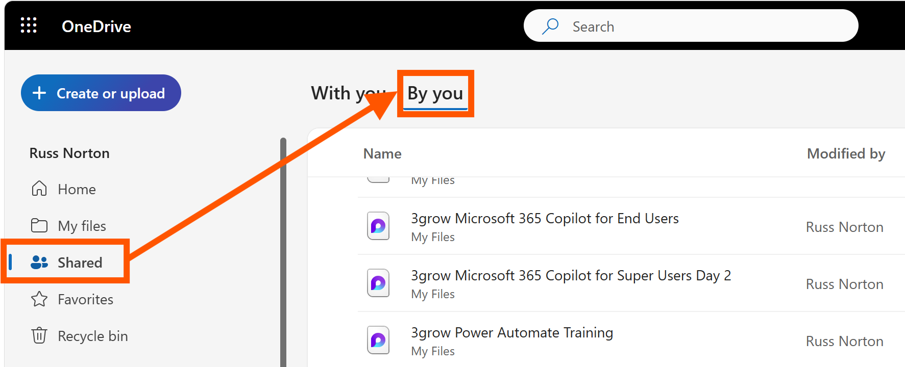 Image showing how to locate shared files from OneDrive