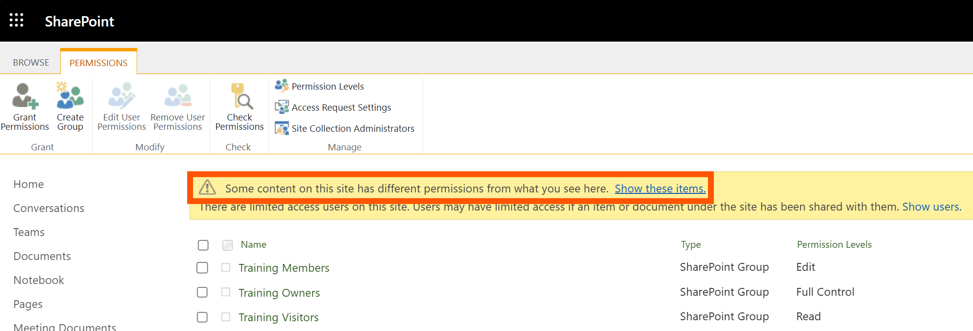 Image showing link to view everything in the SharePoint site with unique permissions